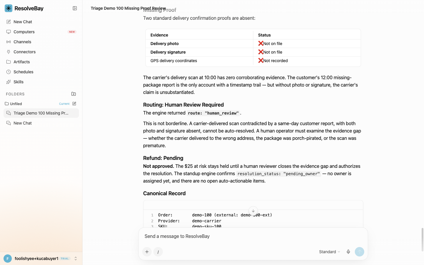 ResolveBay order exception triage showing missing delivery evidence and a pending human approval